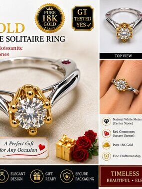 Ring-33-18K-N-M-6--18K Gold Moissanite Natural Stone Ring Size 7